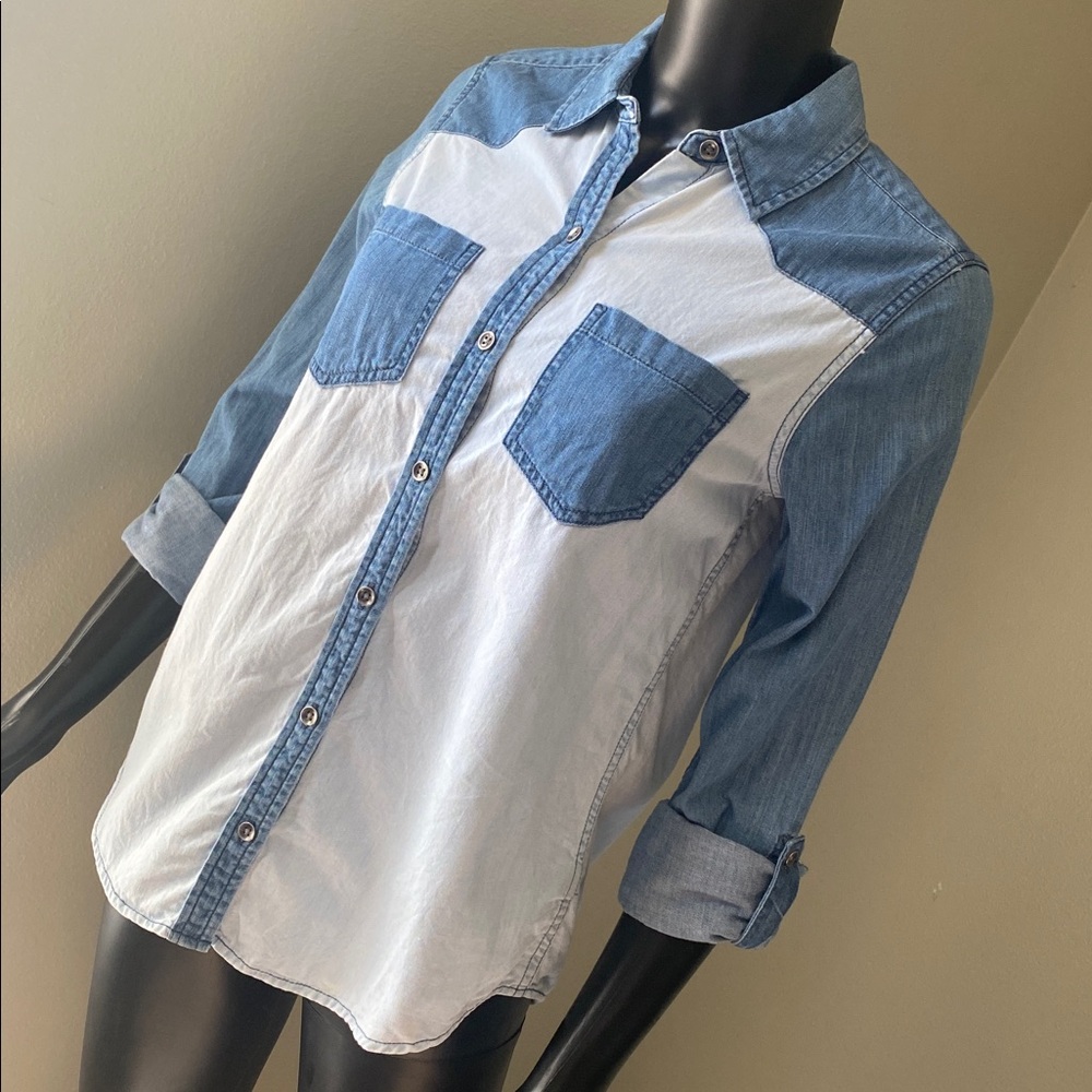 Express Two-Tone Blue Denim Shirt - Picture 4 of 13